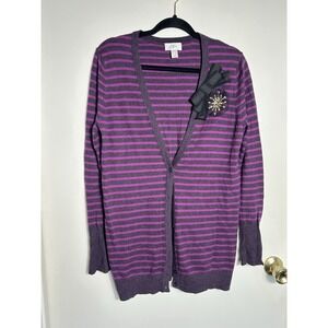 LOFT Ann Taylor Cardigan L Purple Gray Striped Wool Blend‎ Bow Brooch Sweater